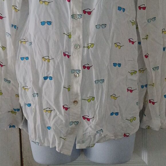 Jane and Delancey white multicolor sunglass print button down blouse Sz L - Picture 2 of 8